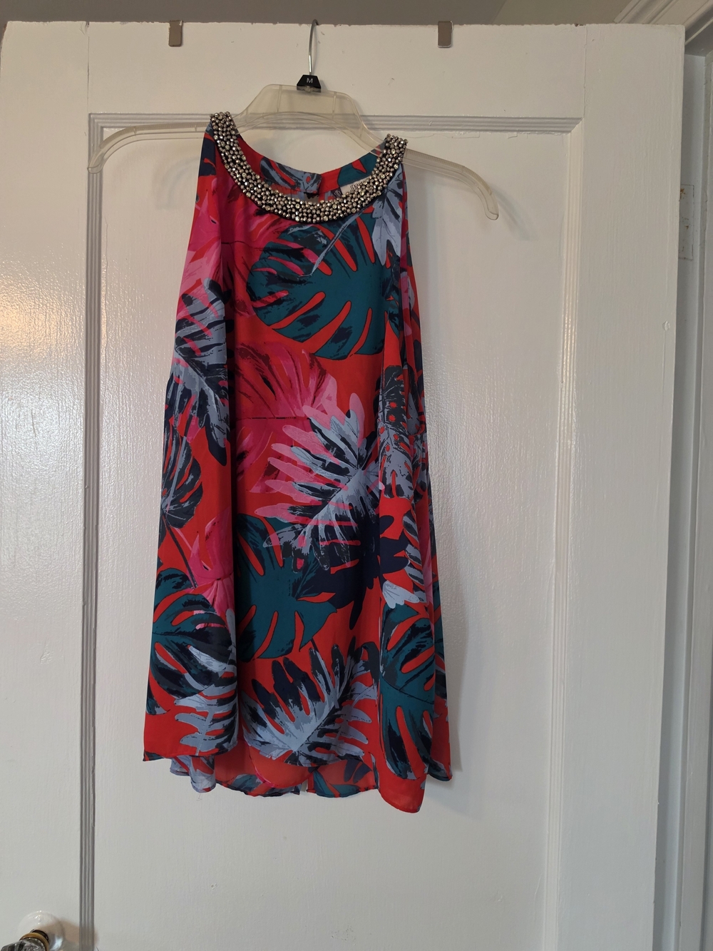 Jennifer Lopez Red Tropical Print HALTER TOP with Beaded Neckline